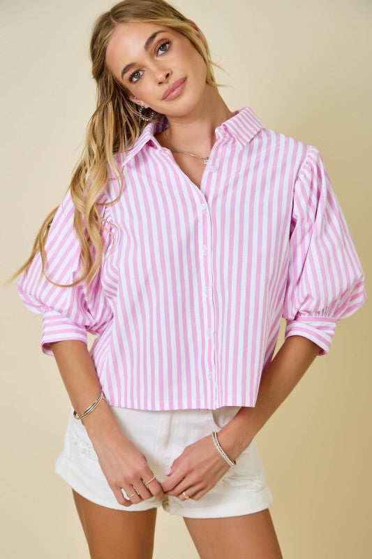 Stripe button down w/puff sleeves