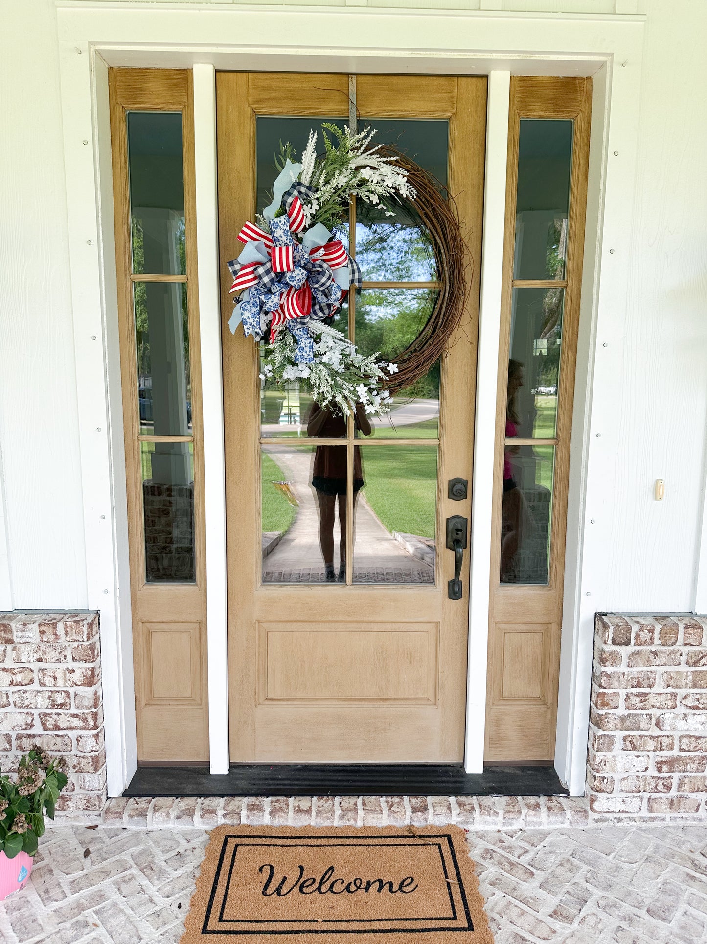 Red white and blue flower wreath