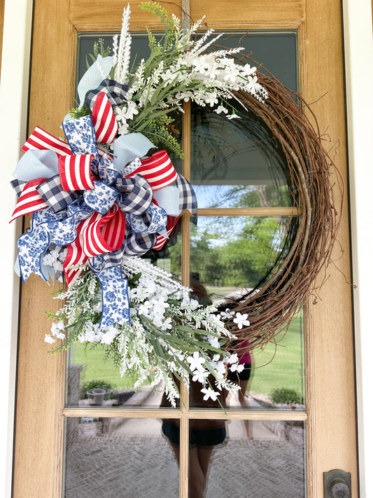 Red white and blue flower wreath